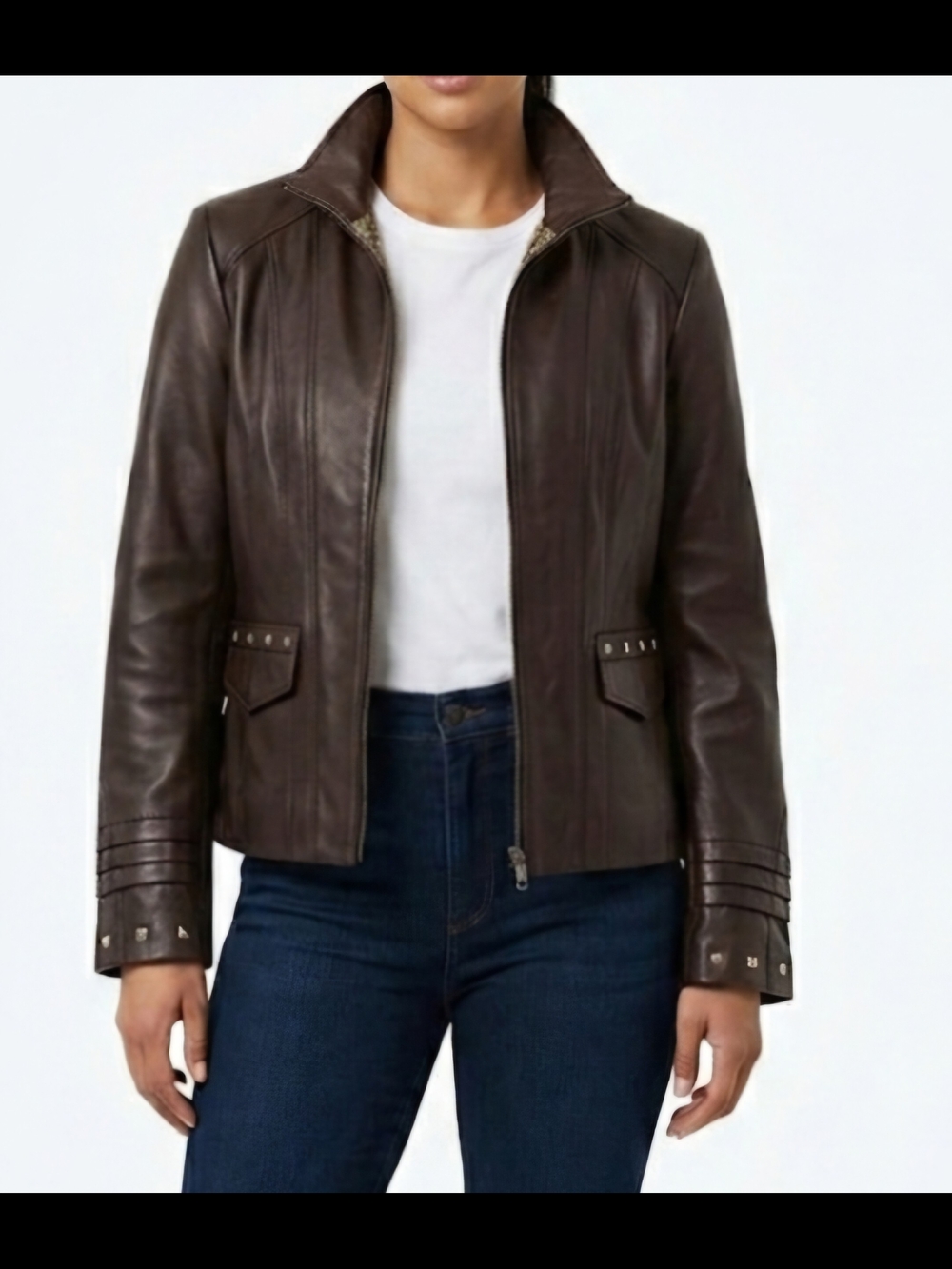 Women’s Chocolate Brown Leather Zip Jacket with Stud Details